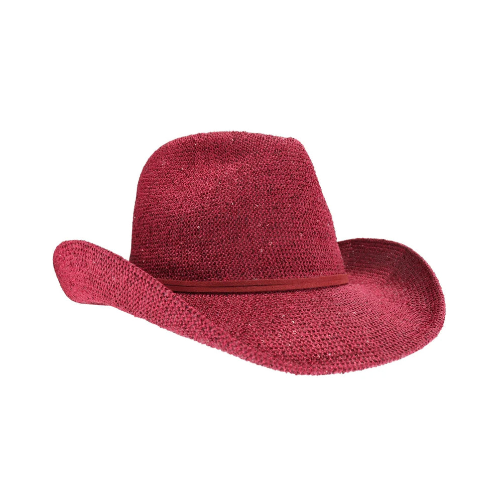 4761 Sparkly Sequin Cowboy Hat With Suede String Trim, Red C.C Sparkly Sequin Cowboy Hat with Suede String Trim  main image 4