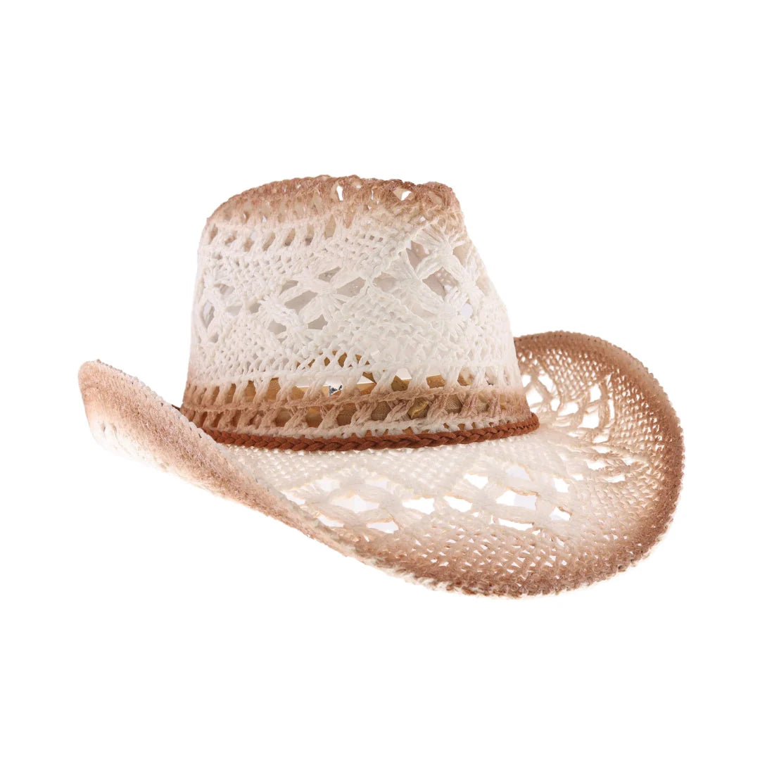 1687 Ombre Open Weave Cowbay Hat With Braided Trim C.C Ombre Open Weave Cowbay Hat with Braided Trim, Coffee at  main image 3