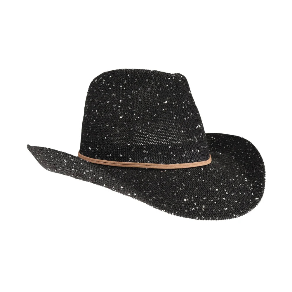 8847 Sequin Beach Hat Sparkly Straw Cowboy Womens Hat Sun Hats Black Black Cowboy Hat Beach Club Festival Pool Party Hat Coastal  main image 4