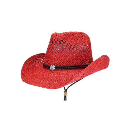 C.C Women's Paper Weave Cowboy Hat with Turquoise Accent - Red Navy