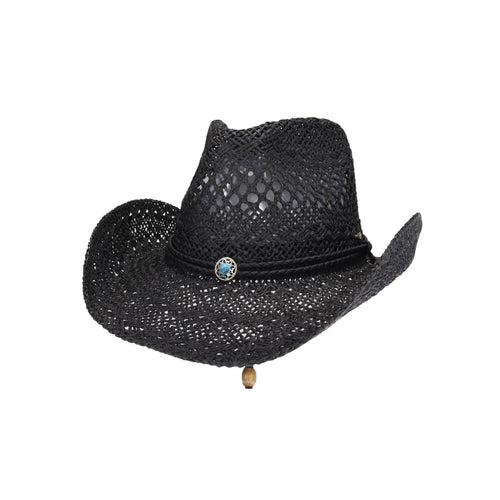C.C Women's Paper Weave Cowboy Hat with Turquoise Accent - Black