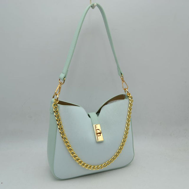 Chain Accent Shoulder Bag with Center Snap Closure - Mint - Shoulder Bag