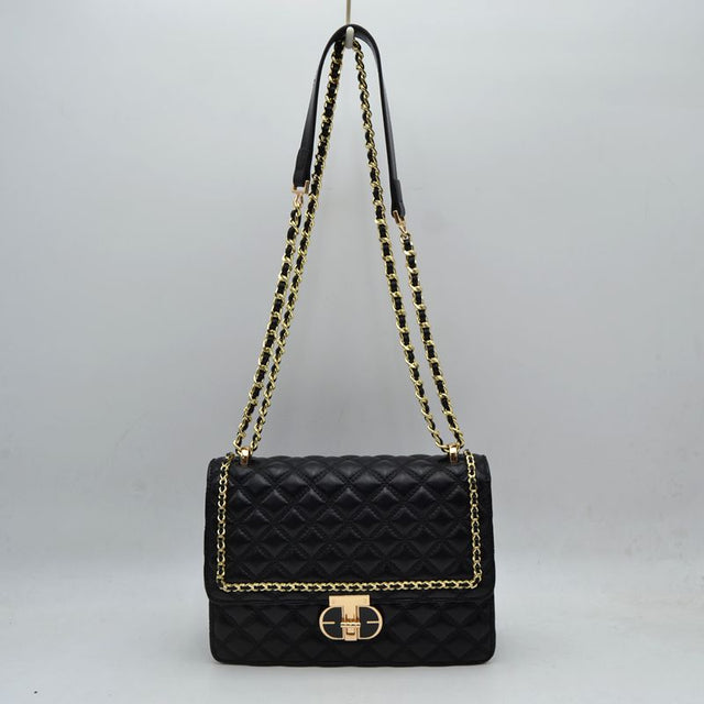Quilted Flap Shoulder Bag with Woven Chain Strap - Black - Shoulder Bag