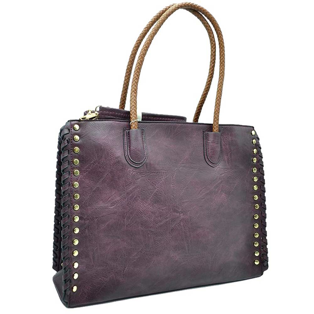 Velvet Studded Faux Leather Whipstitch Shoulder Bag Tote Bag, is crafted from high-quality faux leather, featuring a stylish whipstitch trim and studded accents. Its adjustable strap makes it perfect for everyday use, this spacious handbag features a roomy interior to hold all your essentials. This bag is sure to turn heads.