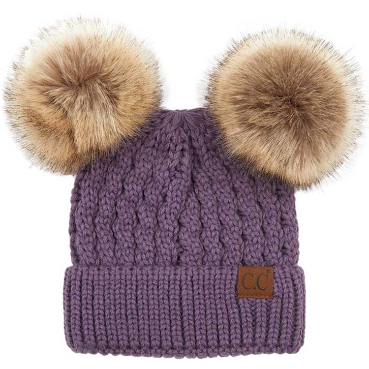 Violet C.C Double Pom Pom All Over Cable Knit Beanie Hat., Stay warm and cozy this winter. Expertly crafted from a premium cable knit fabric, this stylish beanie provides maximum insulation and breathability. Two pom poms on top add a touch of flair to your look. Perfect for chilly winter days, this is an ideal winter gift. 