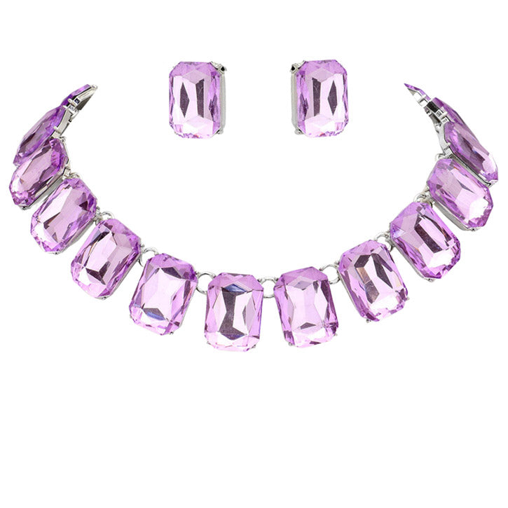 Violet Emerald Cut Stone Link Evening Necklace Earring Set, This gorgeous jewelry set will show your class on any special occasion. The elegance of these stones goes unmatched, great for wearing at a party! stunning jewelry set will sparkle all night long making you shine like a diamond on special occasions.