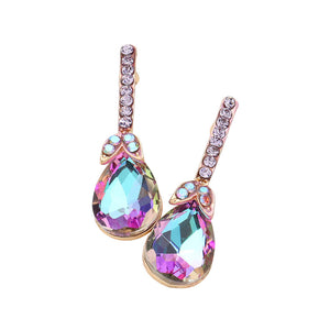 Violet Teardrop Stone Accented Evening Earrings, featuring Gorgeous evening earrings and teardrop stones accented with sparkling crystals. These earrings will add a touch of glamour to any attire. Perfect for any occasion. These beautifully unique designed earrings are suitable as gifts for wives, friends, and mothers.