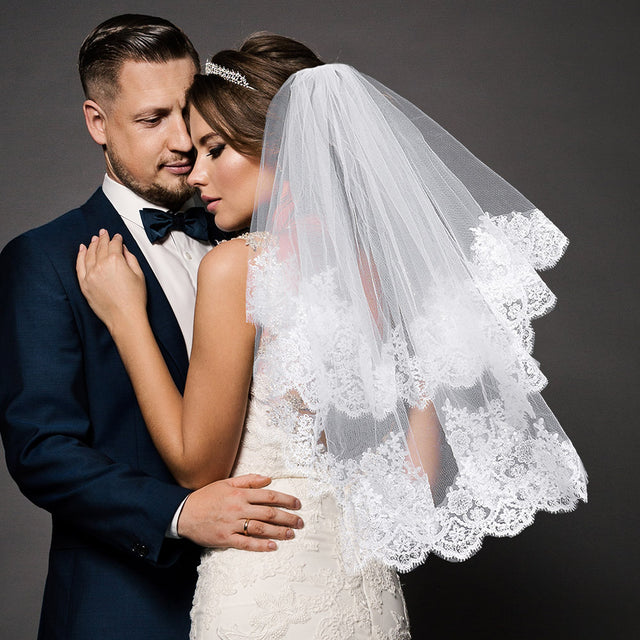 Madeline Love White Flower Lace 2 Tier Classy Wedding Veil - Wedding & Bridal