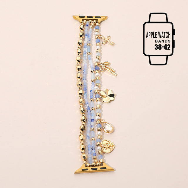 Madeline Love Blue, Gold Bow Clover Heart Cross Charm Dangle Floral Ceramic Ball Pearl Beaded Multi Layered Apple Watch Band - Watches
