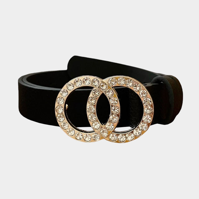 Madeline Love Black, Gold Stone Embellished Buckle Accented Faux Leather Belt - Jewelry