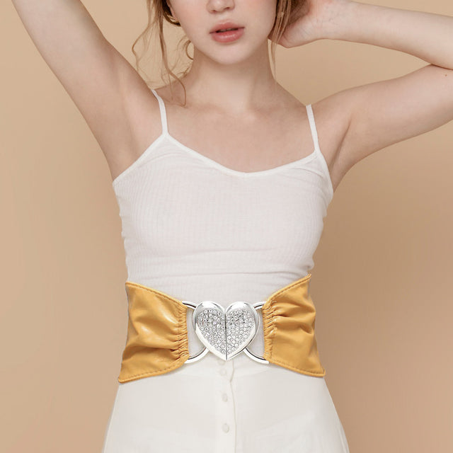 Madeline Love Beige, Clear, Rhodium Crystal Rhinestone Heart Stretch Elastic Belt - Jewelry