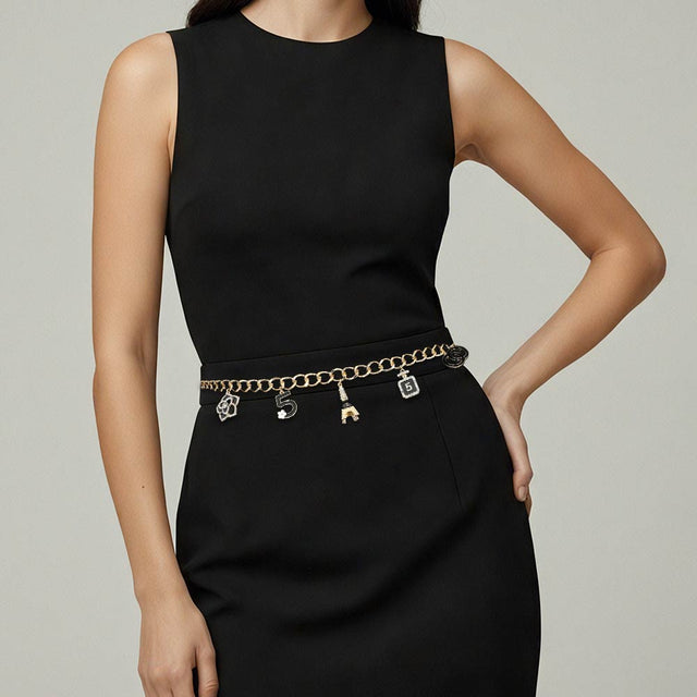 Madeline Love Black, Gold Decorative Charm Station Waist Chain Belt - Jewelry