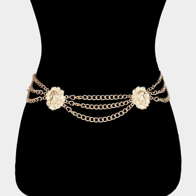 Madeline Love Gold Double Lion Accented Draped Metal Chain Belt - Hair Accessories