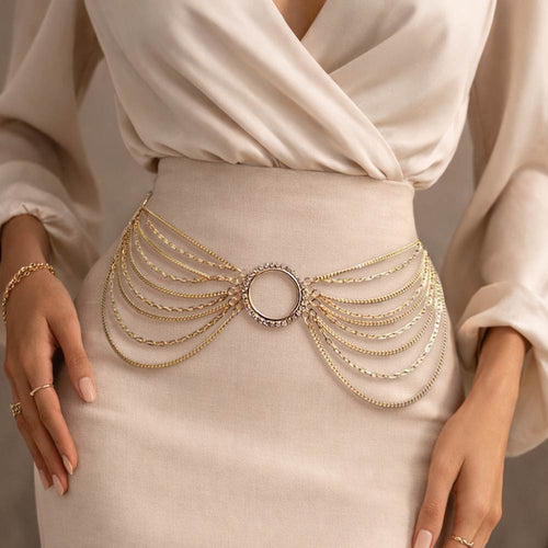 Ring Centered Multi Layered Waist Chain Belt - Gold
