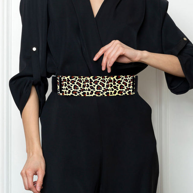 Madeline Love Black, Leopard Oversized Leopard Metal Plate Stretch Elastic Belt - Jewelry