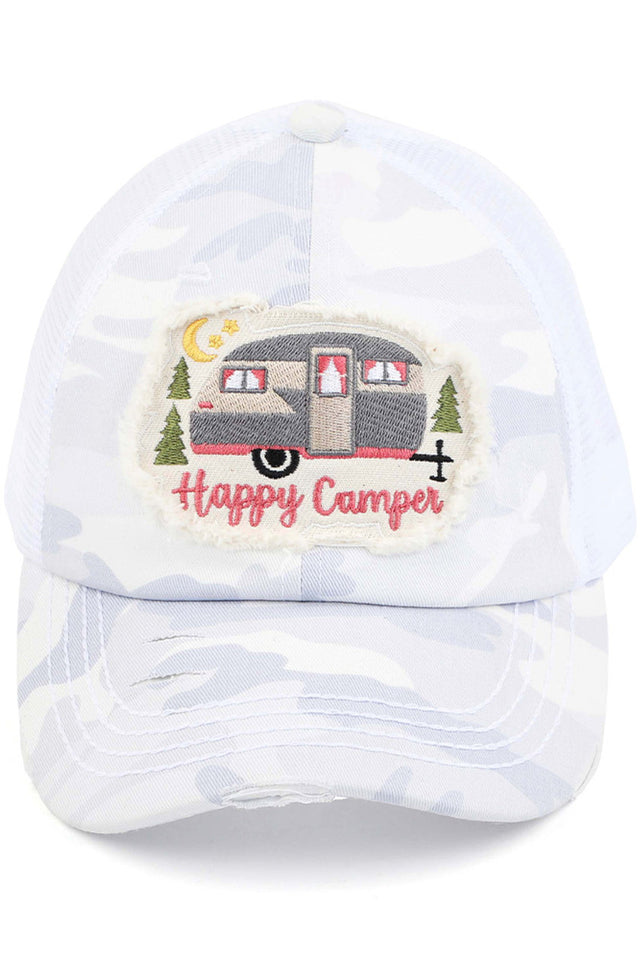 White C.C HAPPY CAMPER PATCH VINTAGE PONY CAP is a stylish and trendy accessory for any outdoor enthusiast. Made with high-quality materials, it features a vintage pony design and a bold "Happy Camper" patch, making it a perfect addition to any outfit. Stay fashionable and protected from the sun with this cap.