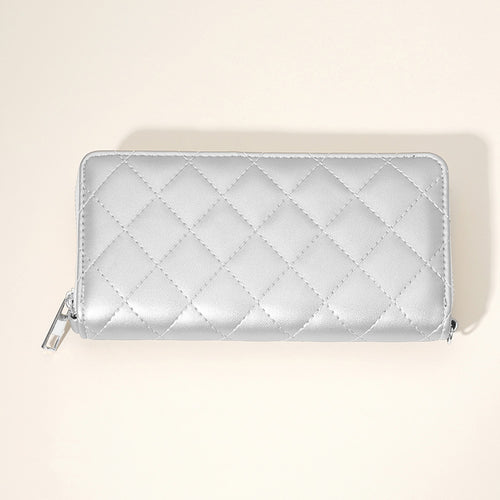 Quilted Faux Leather Long Wallet - Silver