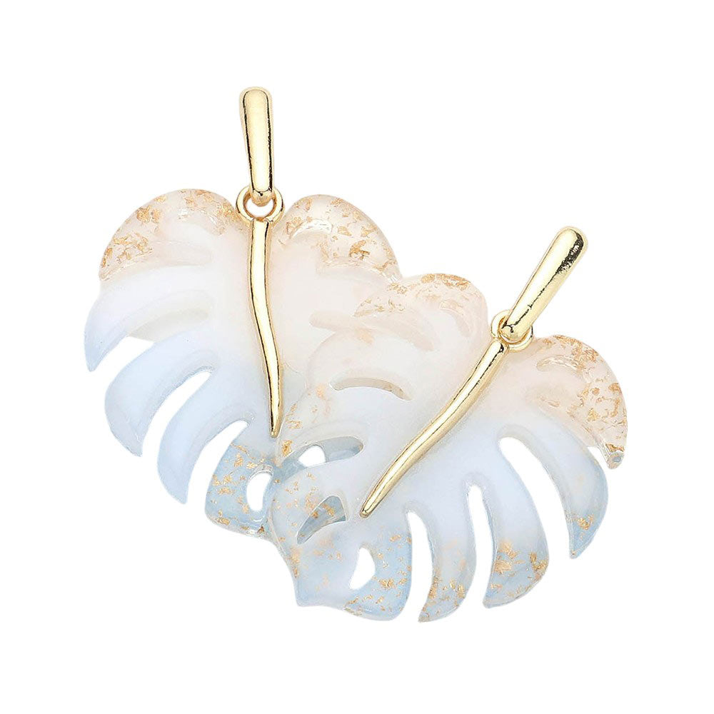White Acetate Tropical Leaf Dangle Earrings, Add a touch of tropical elegance to your outfit with these stunning earrings. The lightweight acetate material in vibrant leaf shapes will make you stand out and bring a taste of paradise wherever you go. Elevate your style and embrace your love for the tropics today!