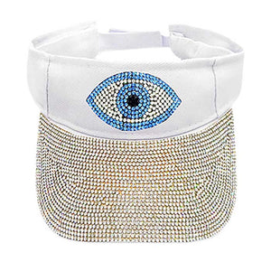 White Bling Evil Eye Accented Visor Hat, keep your styles on even when you are relaxing at the pool or playing at the beach. Large, comfortable, and perfect for keeping the sun off of your face and neck. Ideal for travelers who are on vacation or just spending some time in the great outdoors.