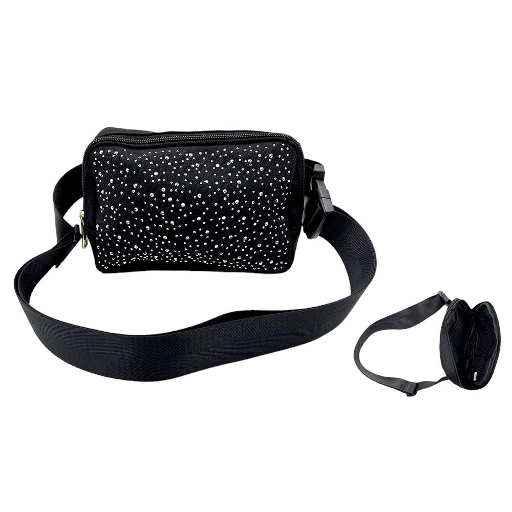 White Bling Sling Bag Fanny Bag Belt Bag, is both stylish and functional. With its adjustable shoulder strap, it is conveniently worn across the body for hands-free convenience and a secure fit. Its sleek design features bling detailing, making it perfect for everyday wear. A functional companion for outdoor activities.