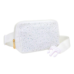 White Bling Sling Bag Fanny Bag Belt Bag, is both stylish and functional. With its adjustable shoulder strap, it is conveniently worn across the body for hands-free convenience and a secure fit. Its sleek design features bling detailing, making it perfect for everyday wear. A functional companion for outdoor activities.