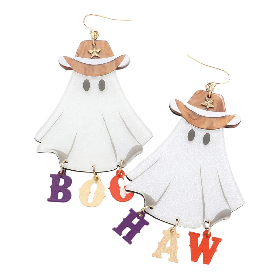 White Boo Haw Message Glittered Resin Ghost Dangle Earrings, are beautifully handcrafted jewelry that adds the perfect luxe to your Halloween attire. Embrace the Halloween spirit with these attractive earrings. The perfect gift for Halloween, especially for your friends, family, and the people you love and care about.