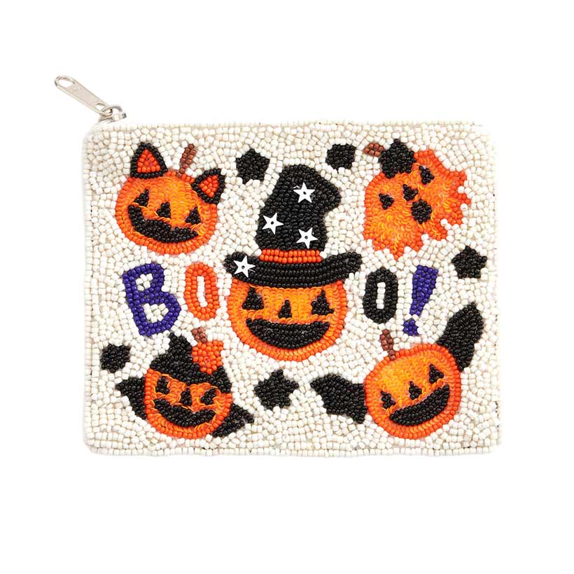 White Boo Message Pumpkin Seed Beaded Halloween Mini Pouch Bag, be the ultimate fashionista while carrying this trendy massage-themed mini pouch bag! Add the perfect luxe to your Halloween attire with it. This is the perfect gift for Halloween, especially for your friends, family, and the people you love and care about.