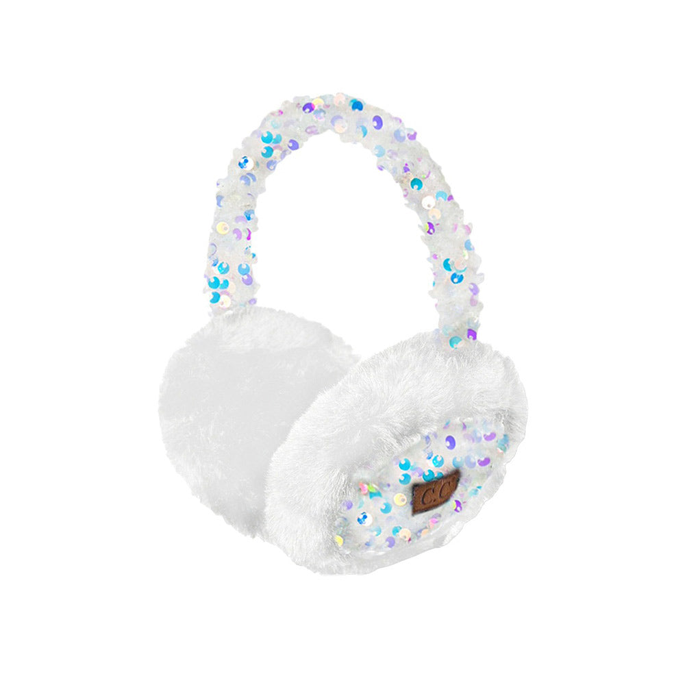 Whte C.C Faux Fur Sequin Earmuff, this earmuff is designed with a faux fur and sequin finish for style and warmth. This is the perfect winter accessory for any occasion or any outdoor activity. It is lightweight and adjustable, offering comfort and superior insulation against cold temperatures. Perfect winter gift choice.