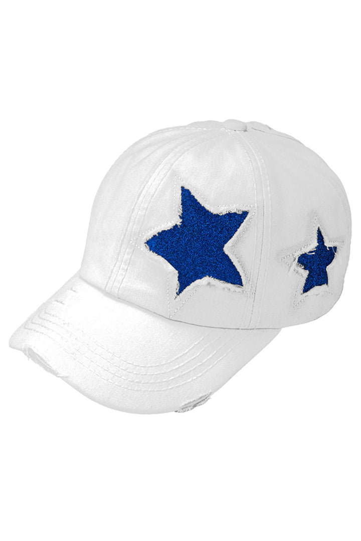 White C.C GLITTER STAR BASEBALL PONYCAP is a stylish and functional accessory. Made with high-quality materials, it adds a touch of glitz to your wardrobe. The baseball-style provides sun protection, while the ponytail opening adds convenience. Upgrade your hat collection with this must-have piece.