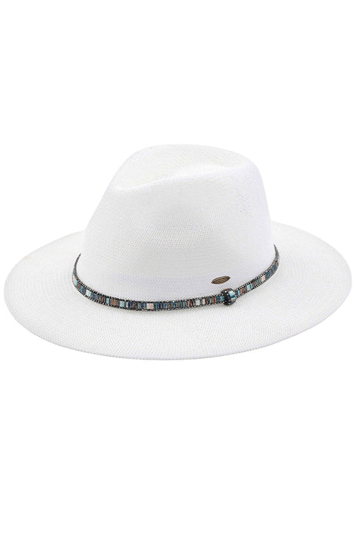 C.C Women's Multi Thread Rhinestone Trim Band Panama Hat - Clear White