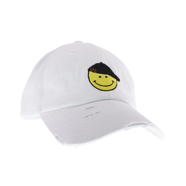 White C.C Smiley Face Embroidered Criss Cross High Pony C.C Ball Cap combines practical design with playful style. Featuring an embroidered smiley face and a criss-cross opening at the back, this cap is tailored to comfortably fit high ponytails. Made from durable, breathable fabric, it ensures a secure fit and all-day comfort, making it an excellent choice for active lifestyles or casual wear. This cap offers a smart solution for those who want to keep their hair up without sacrificing style. 