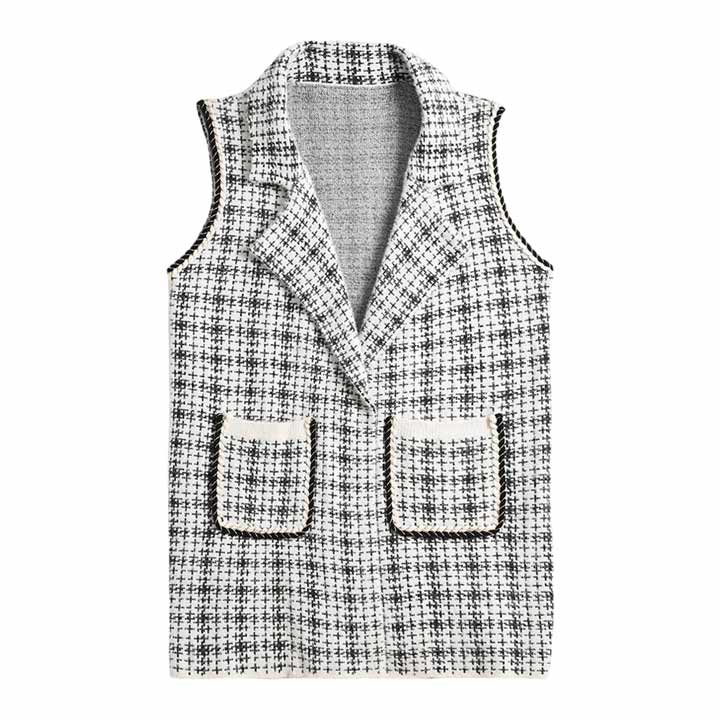 Black Check Patterned Front Pockets Vest, With the latest trend in ladies' outfit cover-up! the high-quality knit vest is soft, comfortable, and warm but lightweight. It's perfect for your daily, casual, party, evening, vacation, and other special events outfits. A fantastic gift for your friends or family.