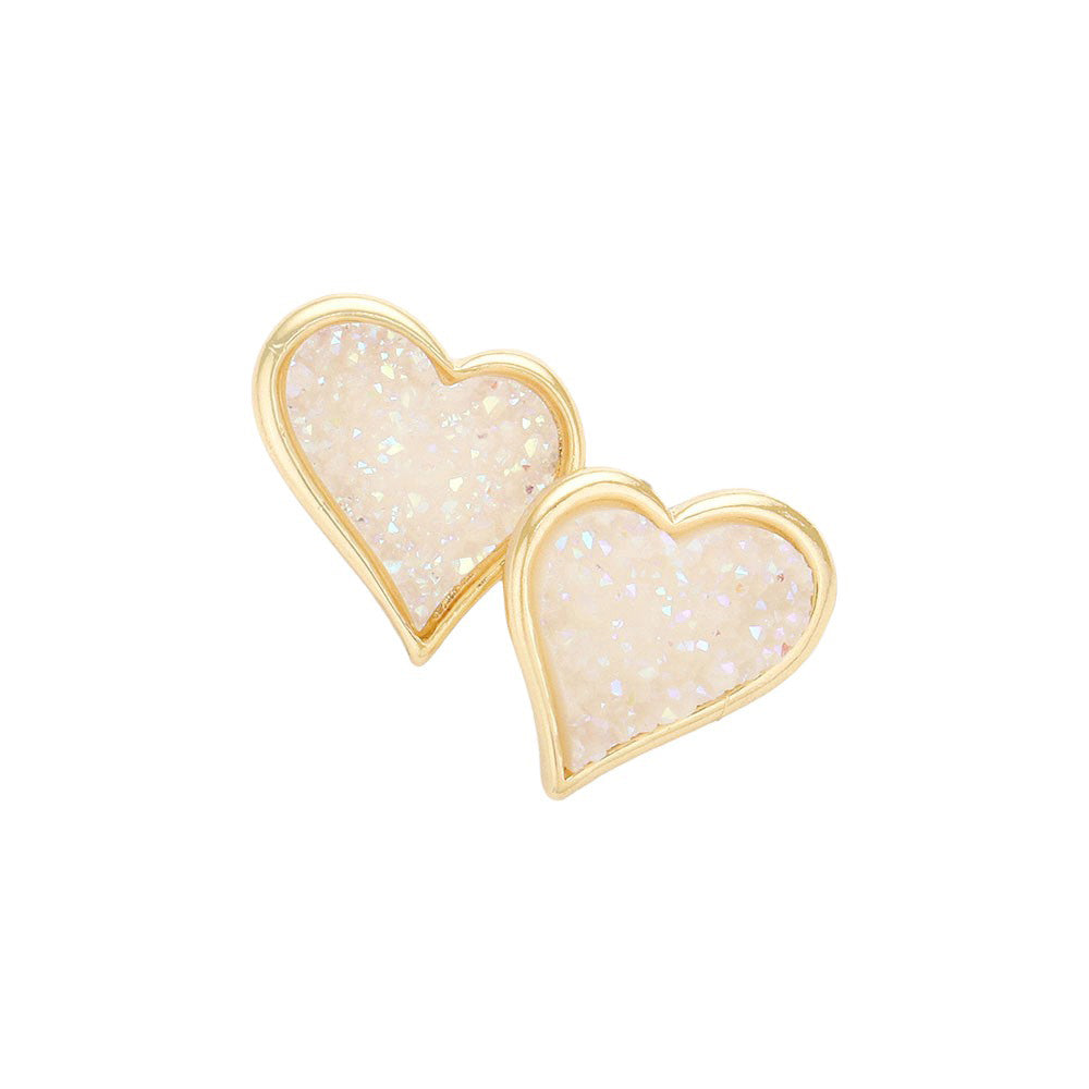 White Druzy Heart Stud Earrings, Enhance your look with these stunning earrings. The unique druzy hearts add a touch of elegance and sparkle to any outfit. Crafted with high-quality materials, these earrings are perfect for any occasion. Elevate your style and make a statement with these must-have earrings.