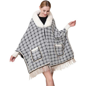 White Faux Fur Trimmed Front Pockets Fringe Tweed Ruana Poncho, Add a touch of style and warmth to your wardrobe. Crafted with soft faux fur and tweed fabric, this poncho is designed to keep you cozy and fashionable on cold days. Give the perfect gift in the winter to anyone close to you with this beautiful poncho.