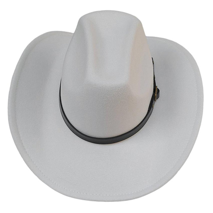 White-Faux Leather Belt Pointed Western Cowboy Fedora Hat, Made with high-quality faux leather, this fedora hat features a pointed design and a belt for added style. Perfect for any occasion, it's the perfect accessory for any fashion-savvy individual. Upgrade your look with this must-have hat.