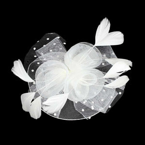 White Feather Mesh Flower Fascinator Headband, Accentuate your look with this. Crafted with mesh and feathers, this headband brings an elegant touch to any outfit. The unique flower shape gives it a timeless and classic look. Perfect for gifting, any occasion, or everyday wear.