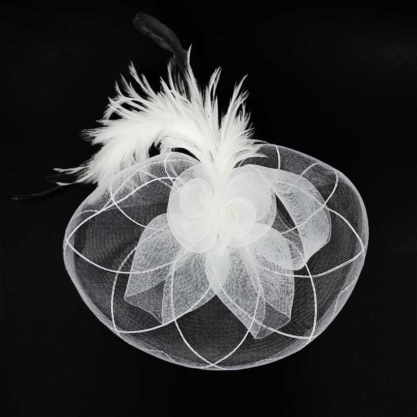 White Feather Pearl Cluster Mesh Flower Fascinator Headband, is crafted with luxury materials, including feathers, pearls, and mesh. Its bold design is sure to add a unique and glamorous touch to your ensemble. Perfect for making an exquisite gift, attending any special events, or everyday wear.