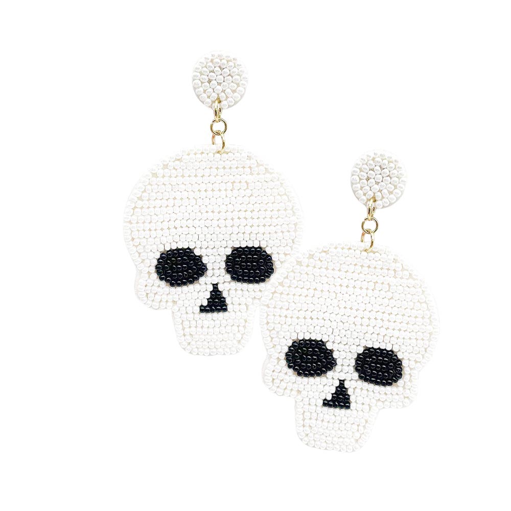 White Felt Back Seed Beaded Skull Dangle Earrings, will give you a unique and stylish look. Handmade from glass seed beads. The perfect accessory for Halloween. Ideal option as a gift for young adults, unique fashion lovers, family members and friends, enthusiast co-workers, and yourself. Be ready for Halloween!