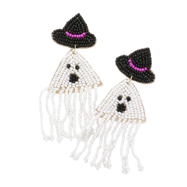 White Felt Back Seed Beaded Witch Hat Ghost Fringe Dangle Earrings, are fun handcrafted jewelry that fits your lifestyle, adding a pop of pretty color. This pretty & tiny earring will surely bring a smile to one's face as a gift. This is the perfect gift for Halloween, especially for your friends, family, and your love.