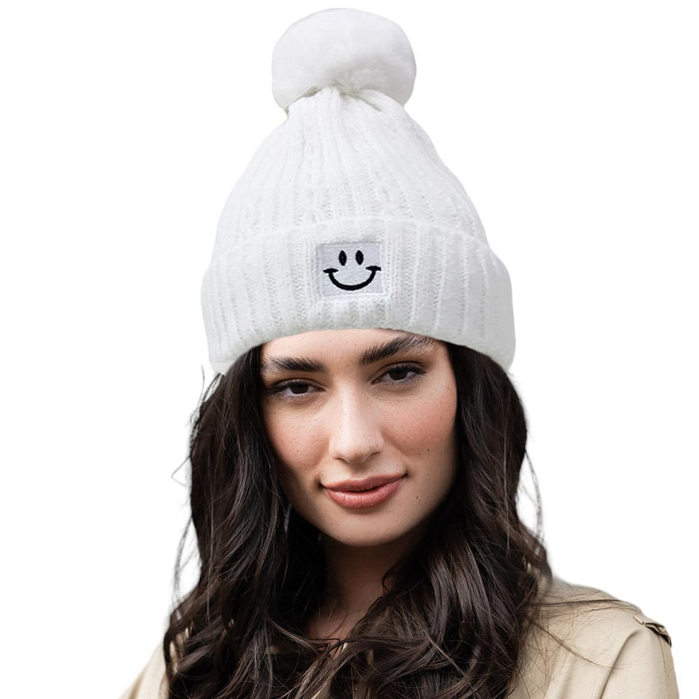 White Fleece Lining Smile Pointed Pom Pom Beanie Hat, Stay warm and stylish with this hat. Wear it on a cold winter day or as a fashion statement. Perfect for chilly winter days. Warming gift item for teenagers, fashion enthusiasts, co-workers, friends & family members, and yourself.