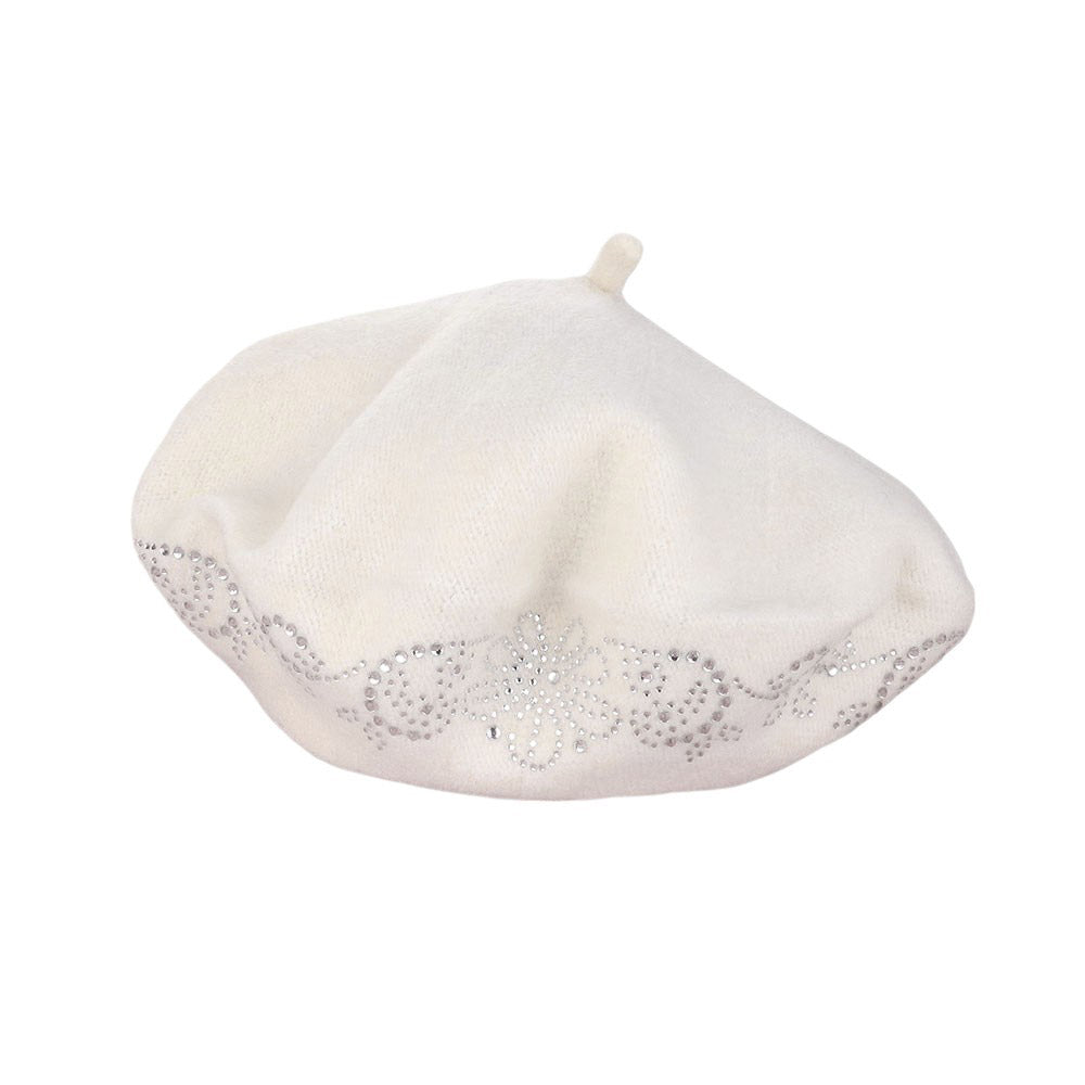 White-Flower Bling Studded Beret Hat, A stylish accessory for any outfit. With its floral design and studded accents, it adds a touch of elegance and glam to your look. Made with high-quality materials, it is durable and comfortable to wear. Perfect for any fashion lover.