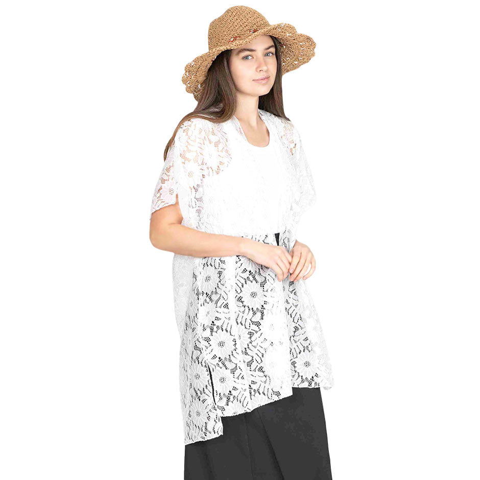 White Flower Leaf Patterned Lace Cover Up Kimono Poncho, this flower leaf cover-up kimono is Soft, Lightweight, and breathable fabric, close to the skin, and comfortable to Wear. Suitable for Work, Holidays, beaches, clubs, Evenings, Casual and Other Occasions. Perfect Gift for a Wife, Birthday, Holiday, or Fun Night Out.