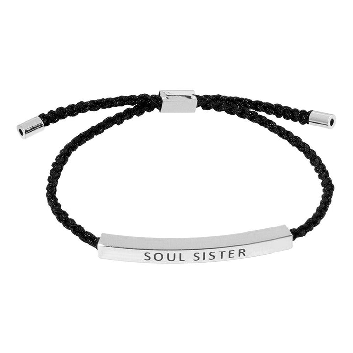 White-Gold-Dipped SOUL SISTER Message Bar Pointed Rope Adjustable Cinch Pull Tie Bracelet is a stylish and meaningful addition to any outfit. With its adjustable cinch pull tie, it can easily fit any wrist size. The dipped bar features the message "SOUL SISTER", making it the perfect gift for a special friend. 