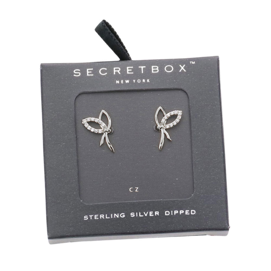 White Gold Secret Box Sterling Silver Dipped CZ Metal Bow Stud Earrings, bring an elegant sparkle to any ensemble. Embellished with shimmering cubic zirconia, these  metal studs make a stylish statement of taste and sophistication. Perfect gift for Birthday, Anniversary, Mother's Day, Anniversary, Graduation, Prom Jewelry.