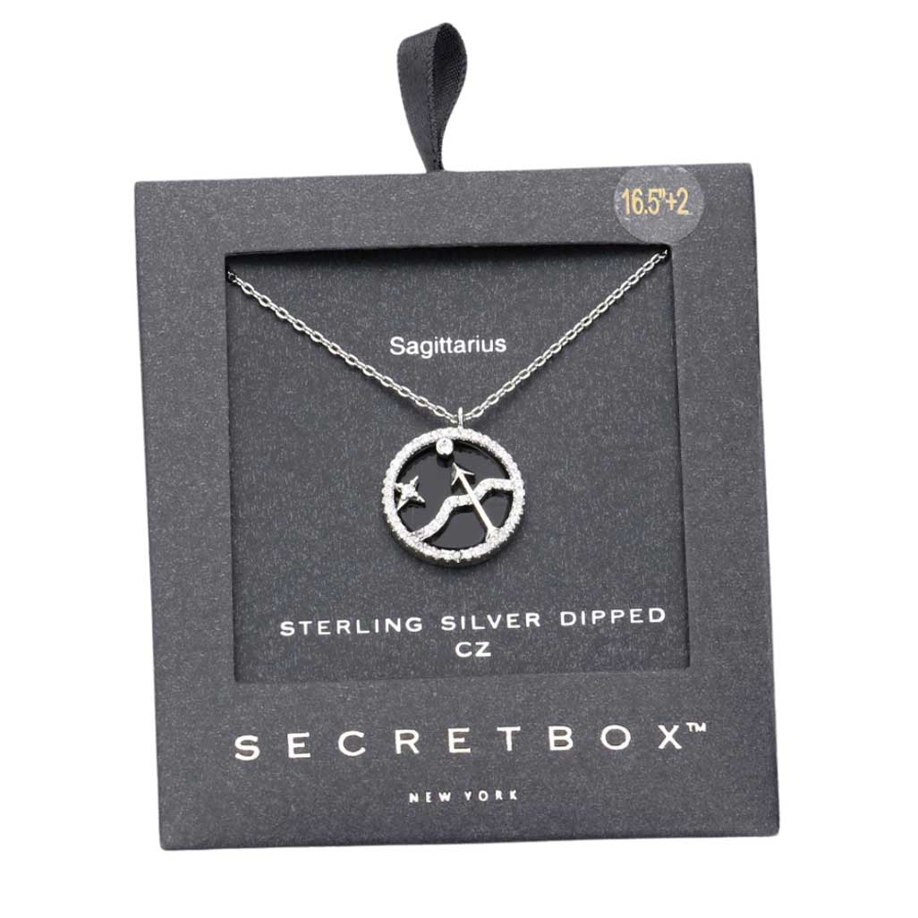 White Gold Secret Box Sterling Silver Dipped CZ Embellished Sagittarius Zodiac Pendant Necklace, is a thoughtful and meaningful gift. Adorned with a sparkling Sagittarius symbol, this necklace is a subtle reminder of the possibilities and magic of the astrological signs. Perfect Gift for all Occasions. 
