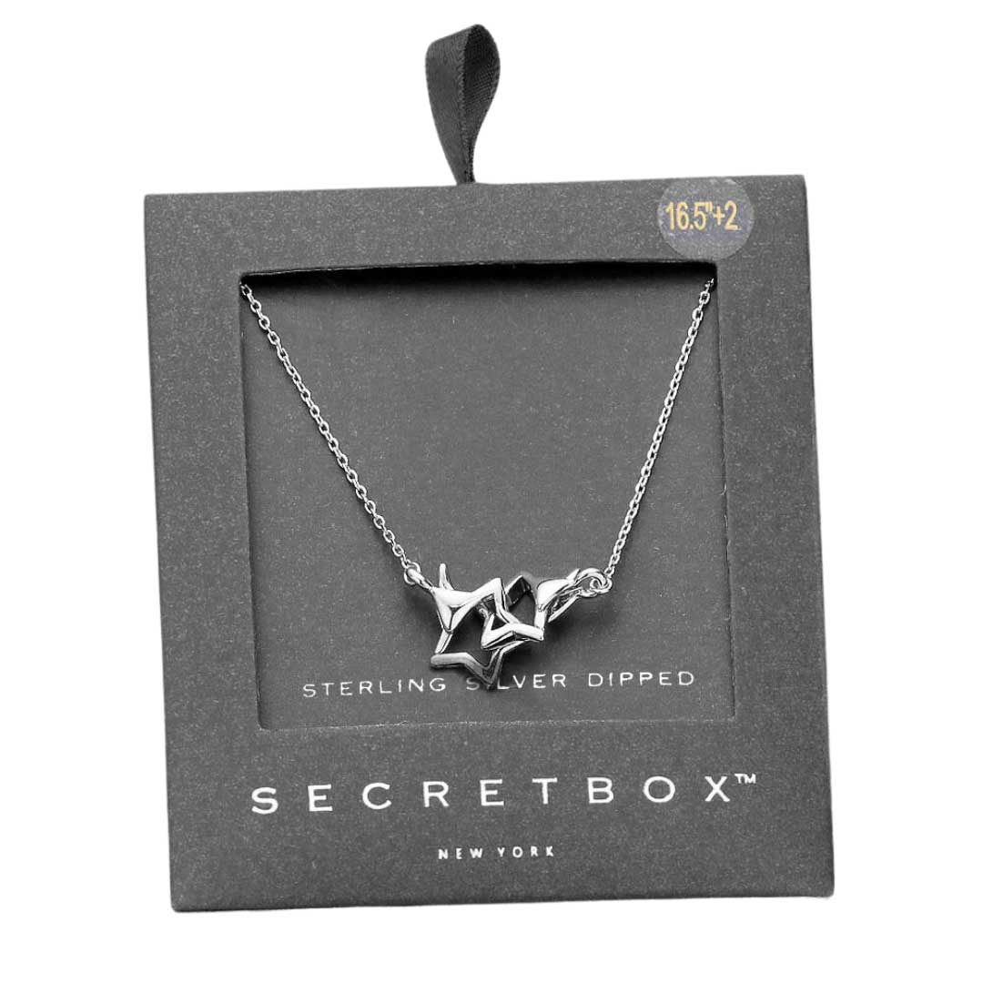 White Gold Secret Box Sterling Silver Dipped Double Open Star Link Pendant Necklace. Put on a pop of color to complete your ensemble. Beautifully crafted design adds a gorgeous glow to any outfit.  Perfect Birthday Gift, Anniversary Gift, Mother's Day Gift, Anniversary Gift, Valentine's Day Gift, Graduation Gift, Prom Jewelry.