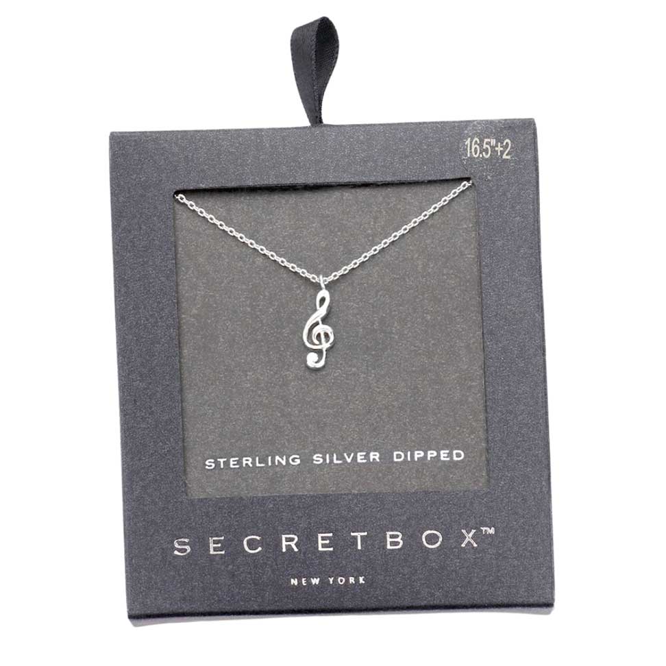 White Gold Secret Box Sterling Silver Dipped Metal The Treble Clef Pendant Necklace, is an elegant choice for music lovers. The pendant features a classic treble clef silhouette, crafted with sterling silver-dipped metal for a look that exudes luxury. This necklace is perfect for gift for all the special women in your life.