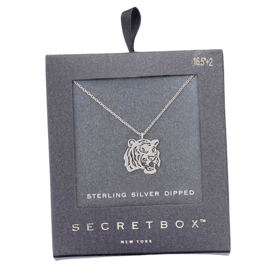 White Gold Secret Box Sterling Silver Dipped Metal Tiger Pendant Necklace. Embellish your wardrobe with the subtle beauty of this Secret Box Sterling Silver Dipped Metal Tiger Necklace. Its sterling silver-dipped metal adds a touch of sophistication to any look. Perfect for the modern fashionista. Perfect Gift for all occasions.