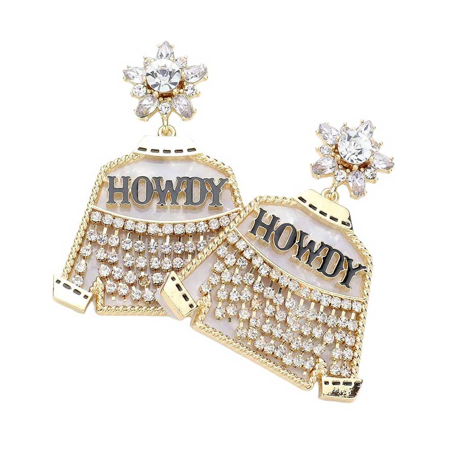 Black HOWDY Message Rhinestone Embellished Western Jacket Dangle Earrings, Step out in style with these luxurious western jacket dangle earrings adorned with sparkling rhinestones and a bold "HOWDY" message. These elegantly crafted earrings are the perfect accessory to add a touch of sophistication and glamour to any outfit.