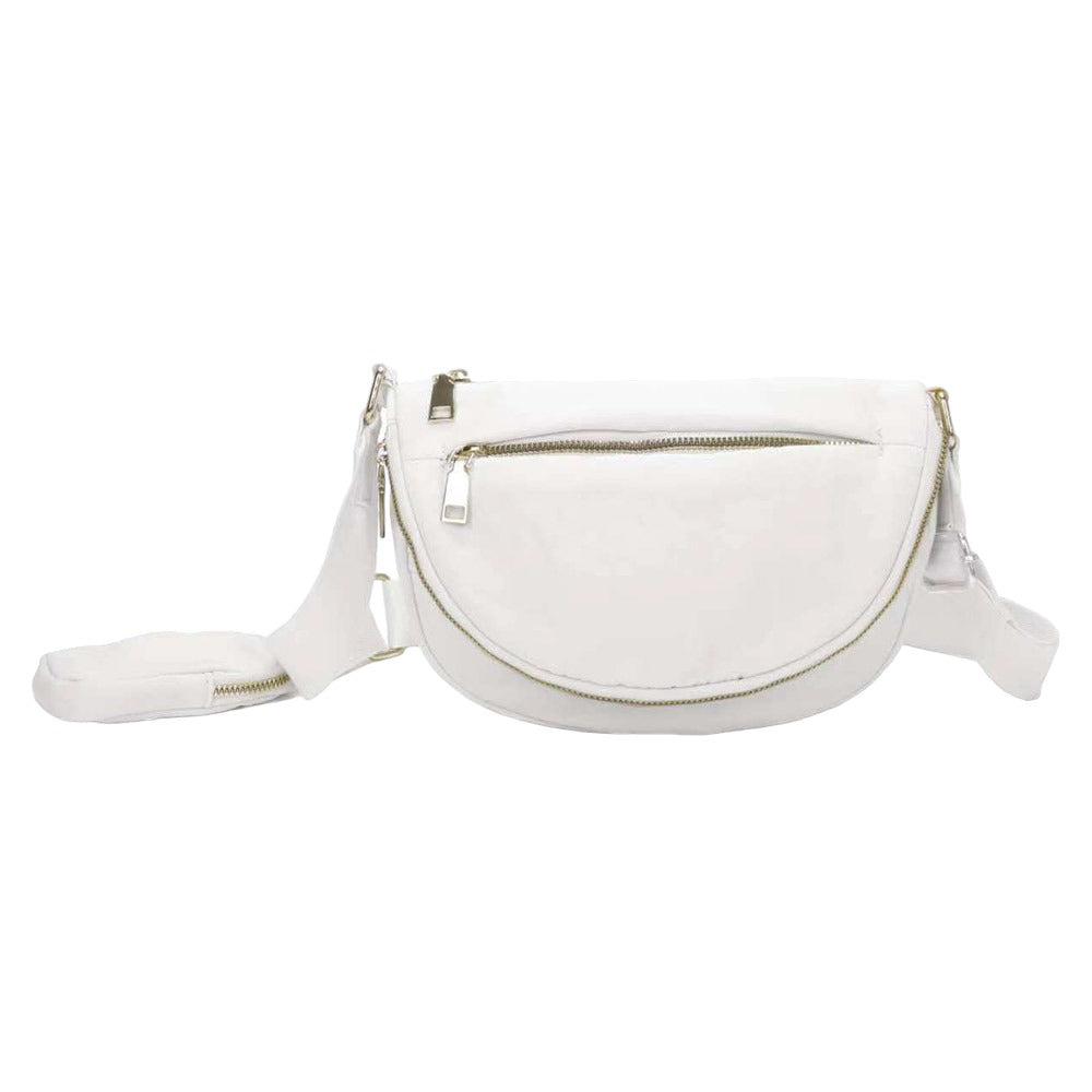 White Half Round Solid Nylon Crossbody Bag, is made of nylon, making it lightweight and durable. The adjustable shoulder strap ensures it will be comfortable to carry. The half-round shape adds a unique look to this bag, making it a great choice for any occasion. Perfect gift for fashion-forwarded family members and friends.